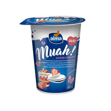 Jogurts zemeņu saldkrējuma ar gaisīgu biskvītu Alma Muah! 380gr, Igaunija  (mērvienība: gb)